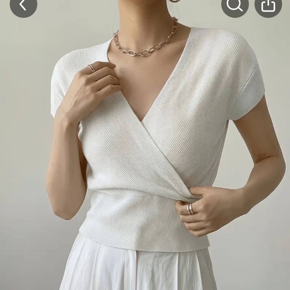 Ribbed Wrap-Front Short Sleeve Top in Ivory